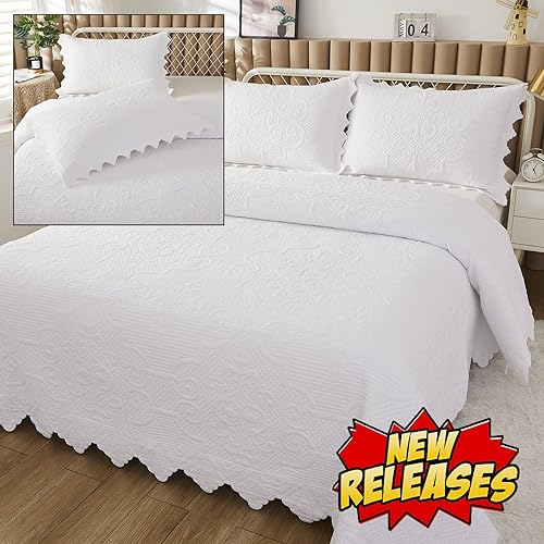 Miniatura 8 de Brandream Juego de edredón de 5 piezas de algodón, tamaño Queen, vintage, estilo granja, festoneado, juego de edredón de invierno