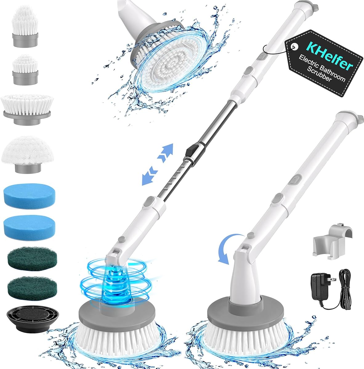 kHelfer Electric Spin Scrubber Kh8, Upgrade Cordless Shower Scrubber 8 Replacement Head, 1.5H Bathroom Scrubber Dual Speed, Shower Cleaning Brush with Extension Arm for Bathtub Tile Floor