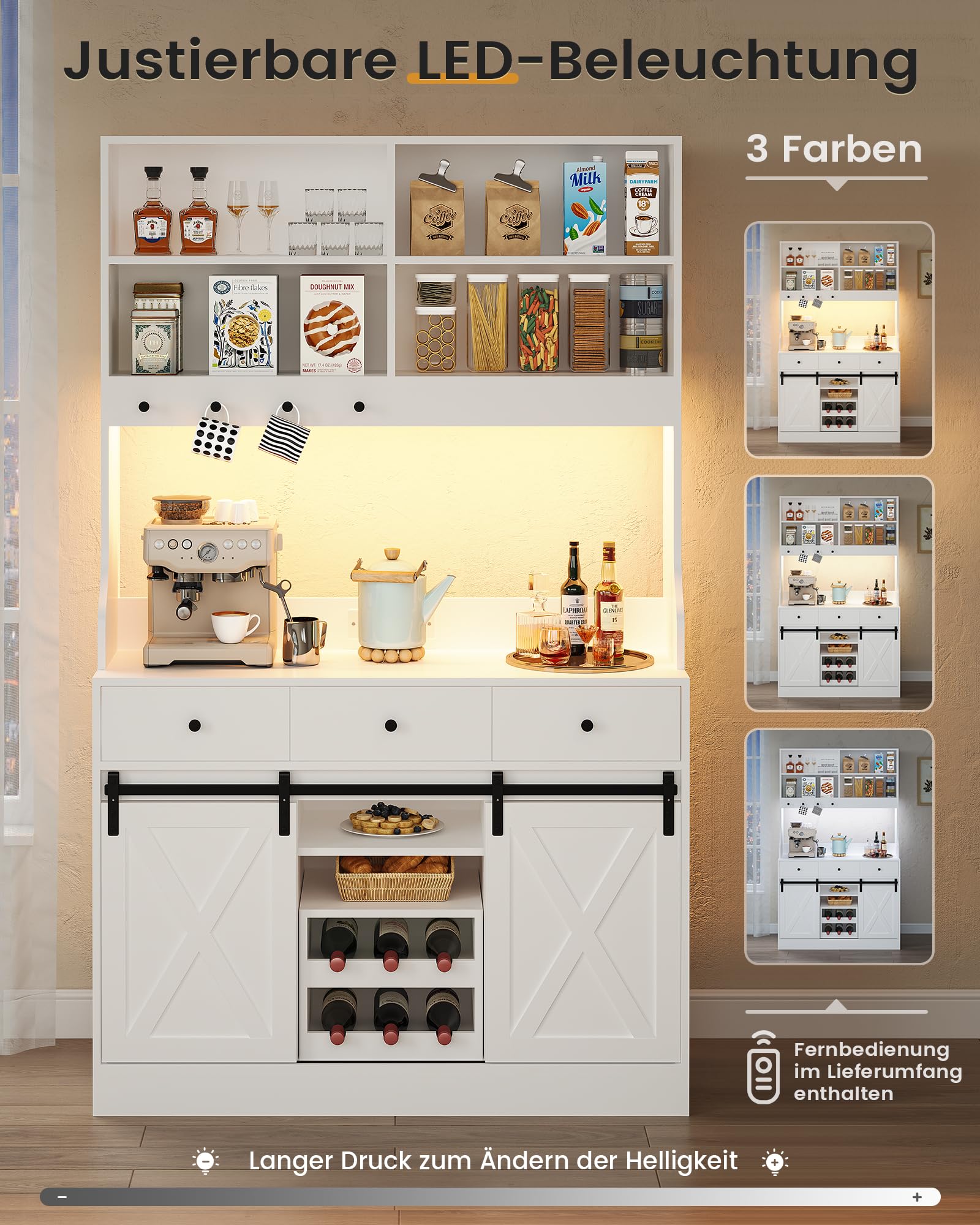 Küchenschrank, Sideboard mit LED-Beleuchtung, Steckdose, Buffetschrank, Abnehmbares Weinregal, 3 Schubladen, Verstellbaren Ablagen, Großer Stauraum, Küche, Wohnzimmer, Esszimmer, 103.5*40*180 cm, Weiß
