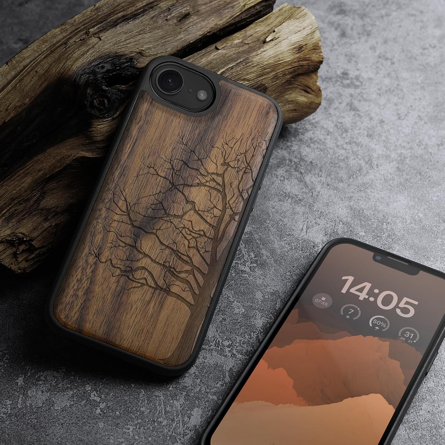 Carveit Magnetic Wooden Case for iPhone 16e / 17e, Solid Wood & Black TPU, Artisan Engraved Design, Shockproof Cover, Compatible with MagSafe Wireless Chargers, Eternal Tree - Walnut