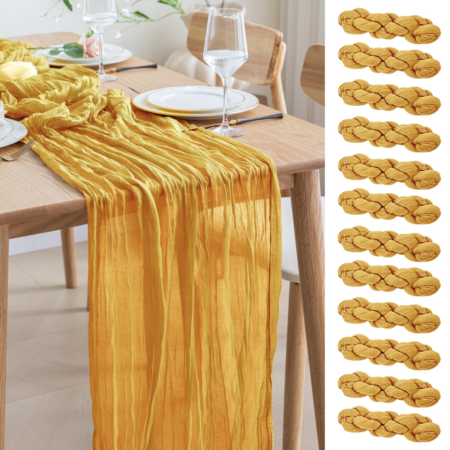 Asee'm 12pcs Cheesecloth Table Runner 120 Inches Long Gold Boho Gauze Cheese Cloth Runner 10FT Rustic Sheer Table Runners for Christmas Wedding Party