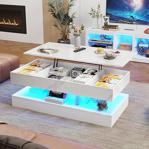 Miniatura 8 de Mesa de centro grande de 47.2 pulgadas con estación de carga, mesa central LED moderna de alto brillo con almacenamiento de compartimento oculto,
