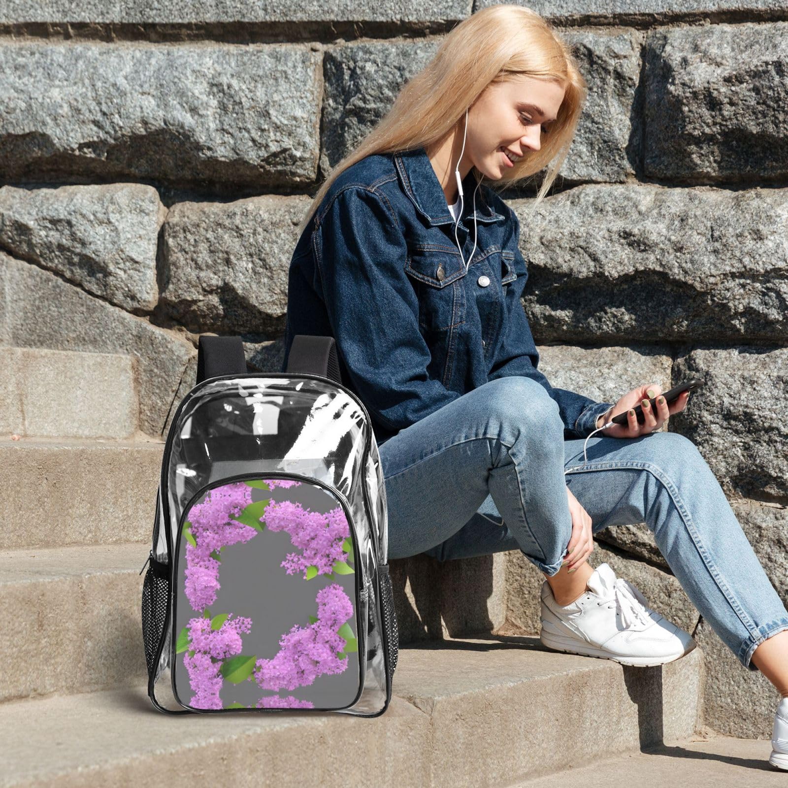 Juego de mochila 3 en 1 con estampado de flores lilas en flor para eventos escolares, trabajo, estadio y transporte diario
