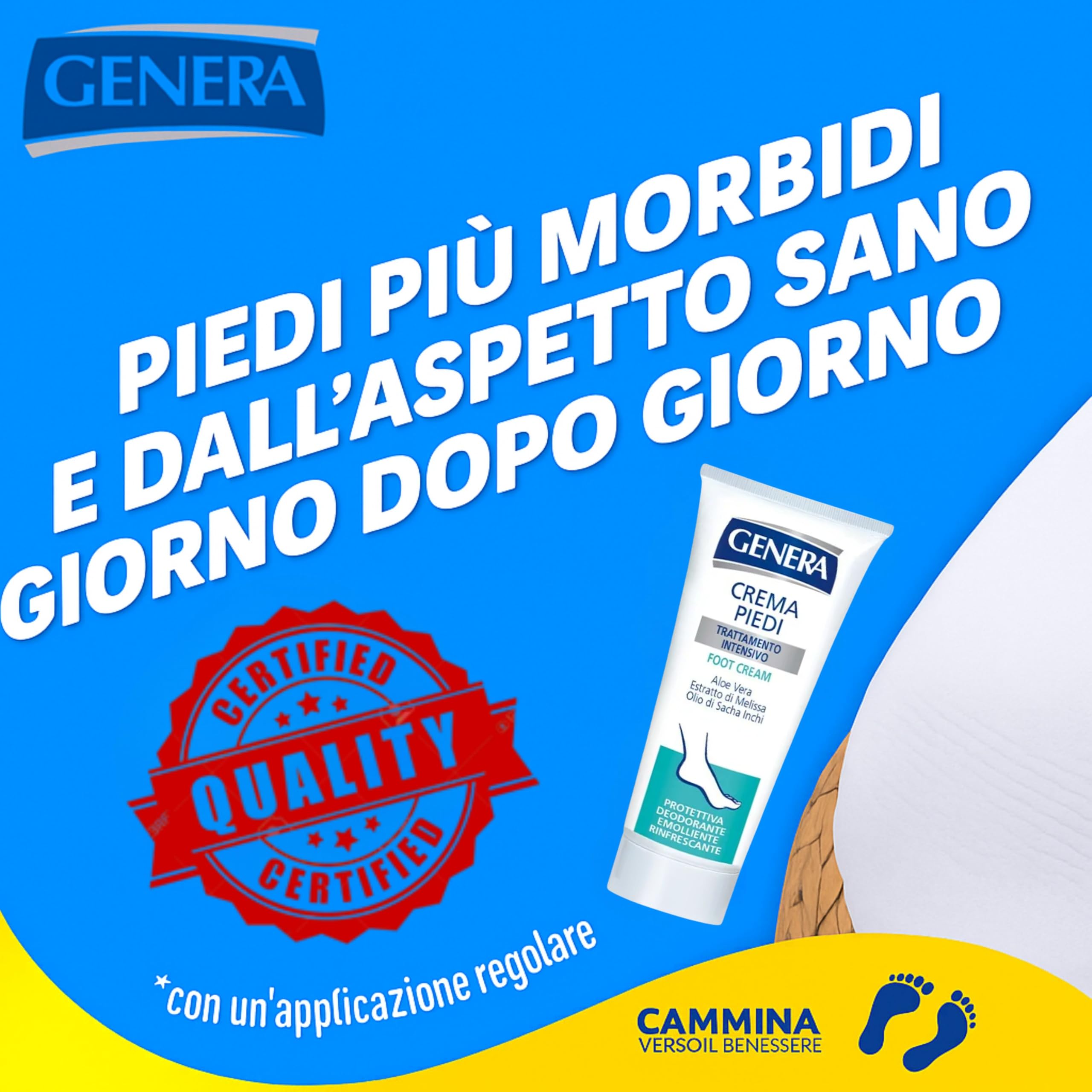 GENERA - CREMA PIEDI FEET CREAM TRATTAMENTO INTENSIVO CON ALOE VERA ESTRATTO DI MELISSA OLIO DI SACHA INCHI PROTETTIVA DEODORANTE EMOLLIENTE - TUBO 100 ML