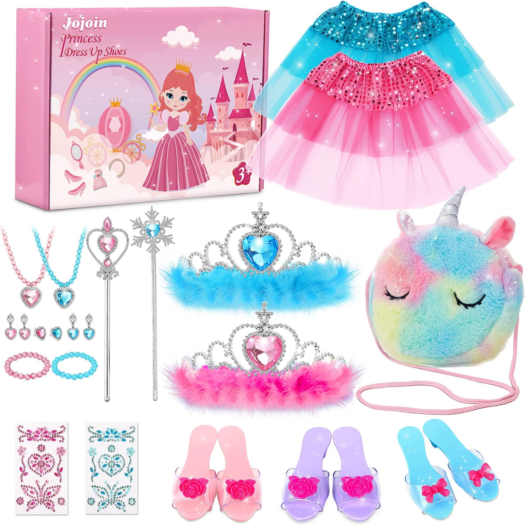 JojoinJojoin Princess Dress Up Shoes, Pretend Princess Toys with 3 Pairs Play Shoes, 1 Unicorn Purse & 2 Skirts Jewelry Accessories Sets Role Play Gift for Girls, Birthday Christmas Toys for Age 3 4 5 6