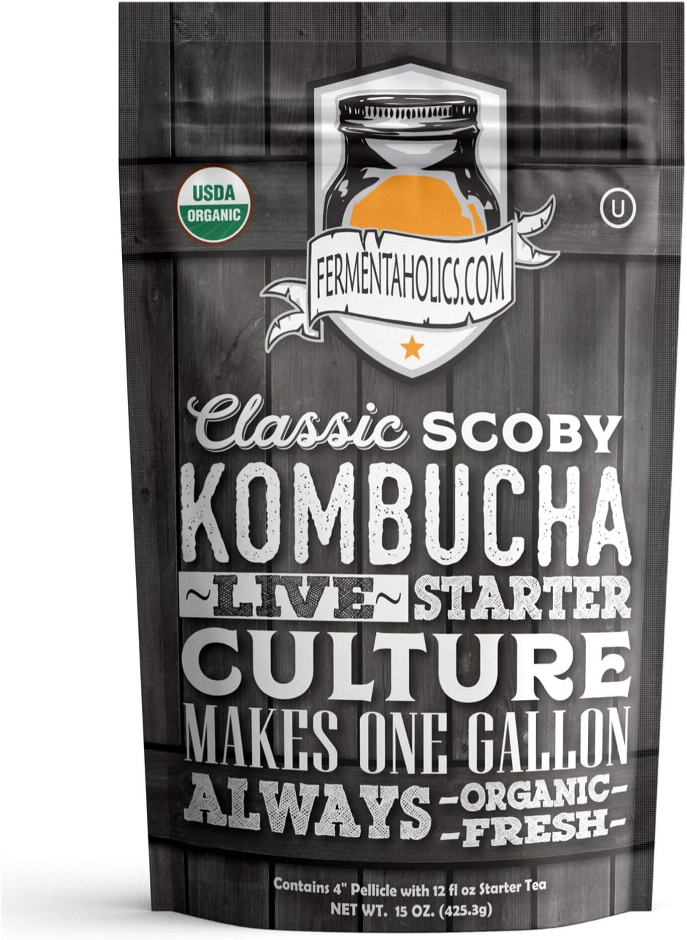Fermentaholics ORGANIC Kombucha SCOBY With Twelve Ounces of Starter Tea - Live Starter Culture - Makes A One Gallon Batch - 1.5 Cups of Strong Mature Starter Tea - Brew Your Own Kombucha (1 Pack, 1, Count)
