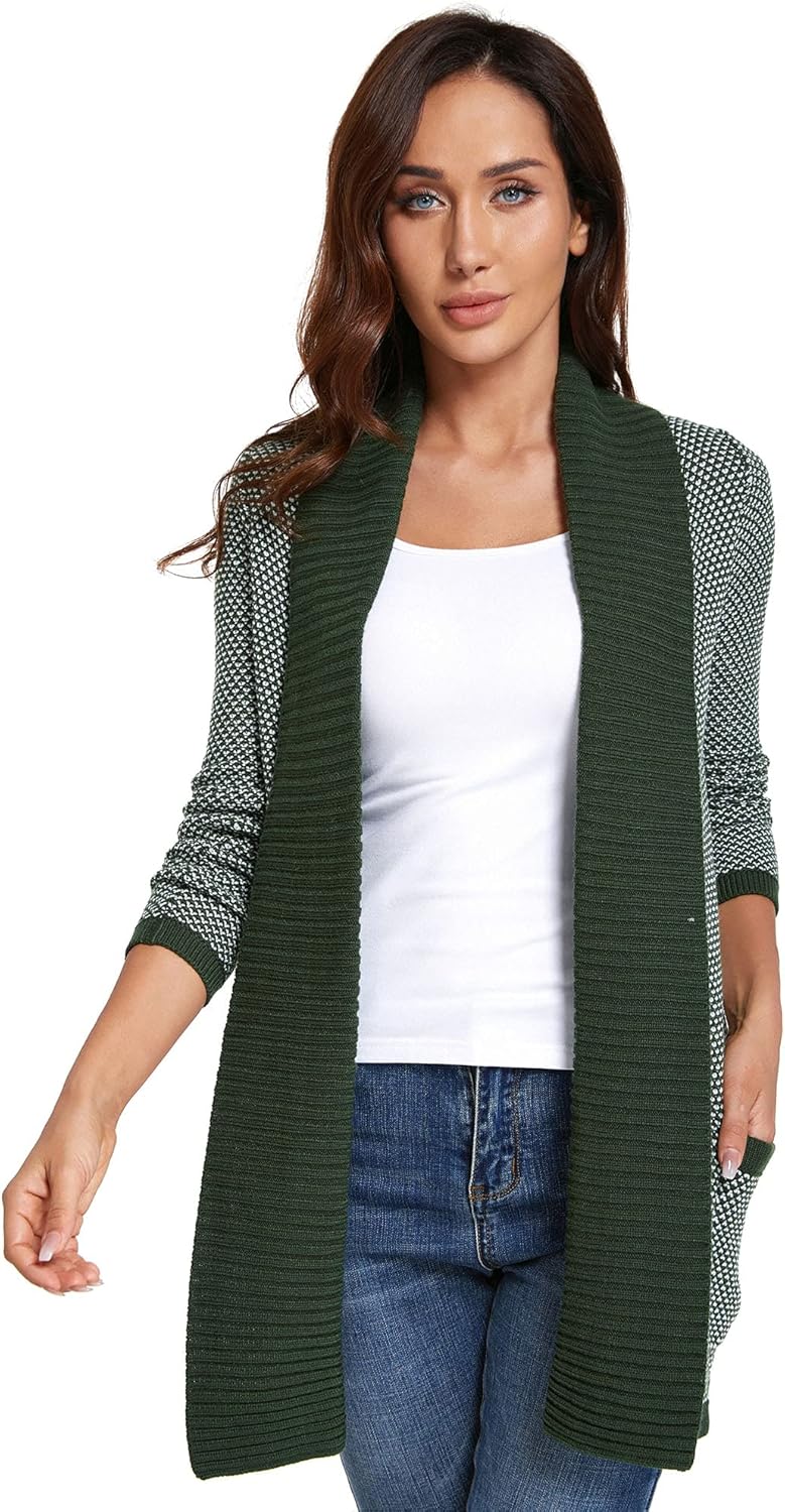 AmélieBoutik Women Open Front Long Sleeve Pocket Marled Sweater Cardigan