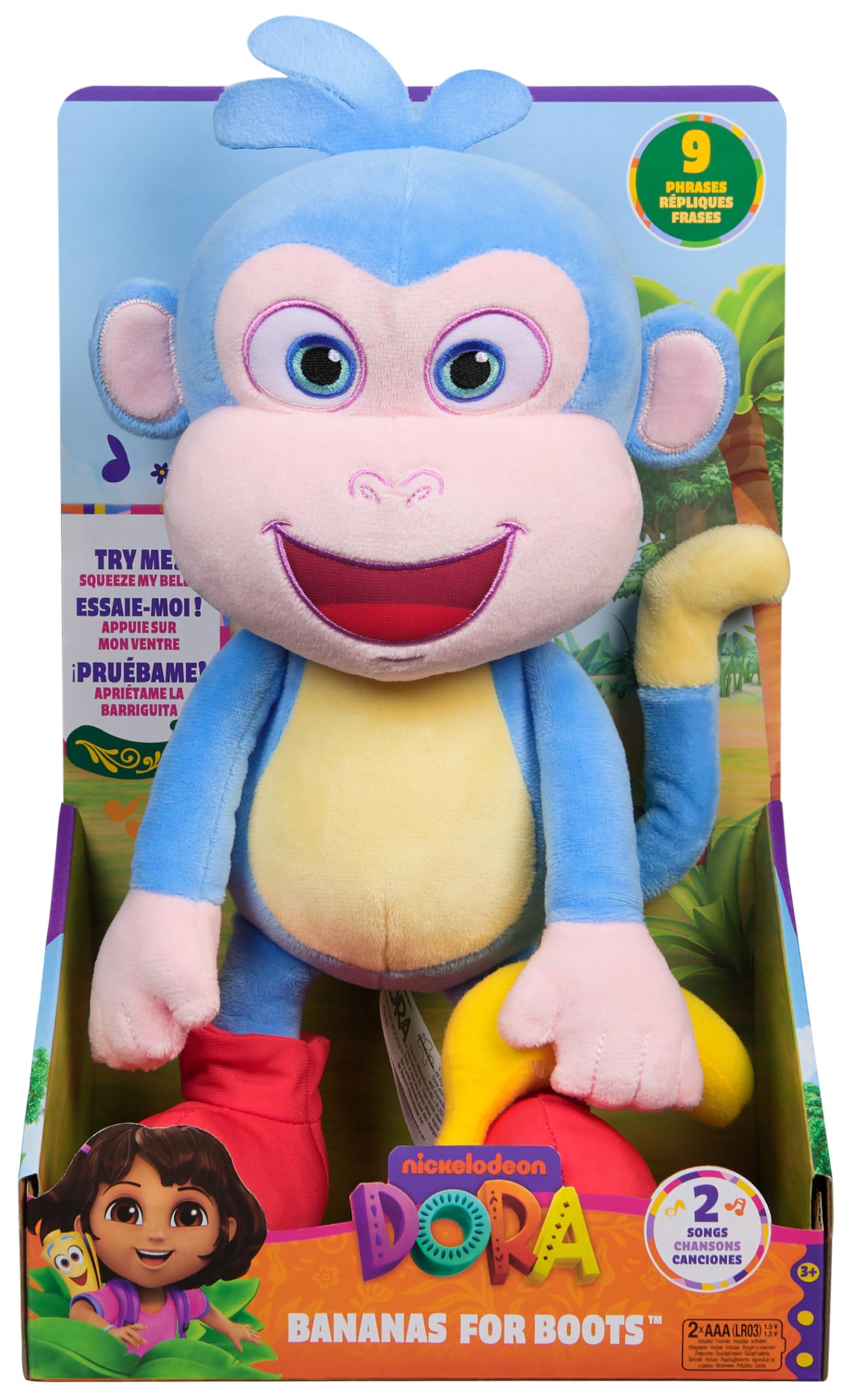 Nickelodeon Dora Official Bananas for Boots Stuffed Animal, Educational Toys, Interactive Plush Toys, Stuffed Monkey for Age 3 and Up, 33 cm, Blue