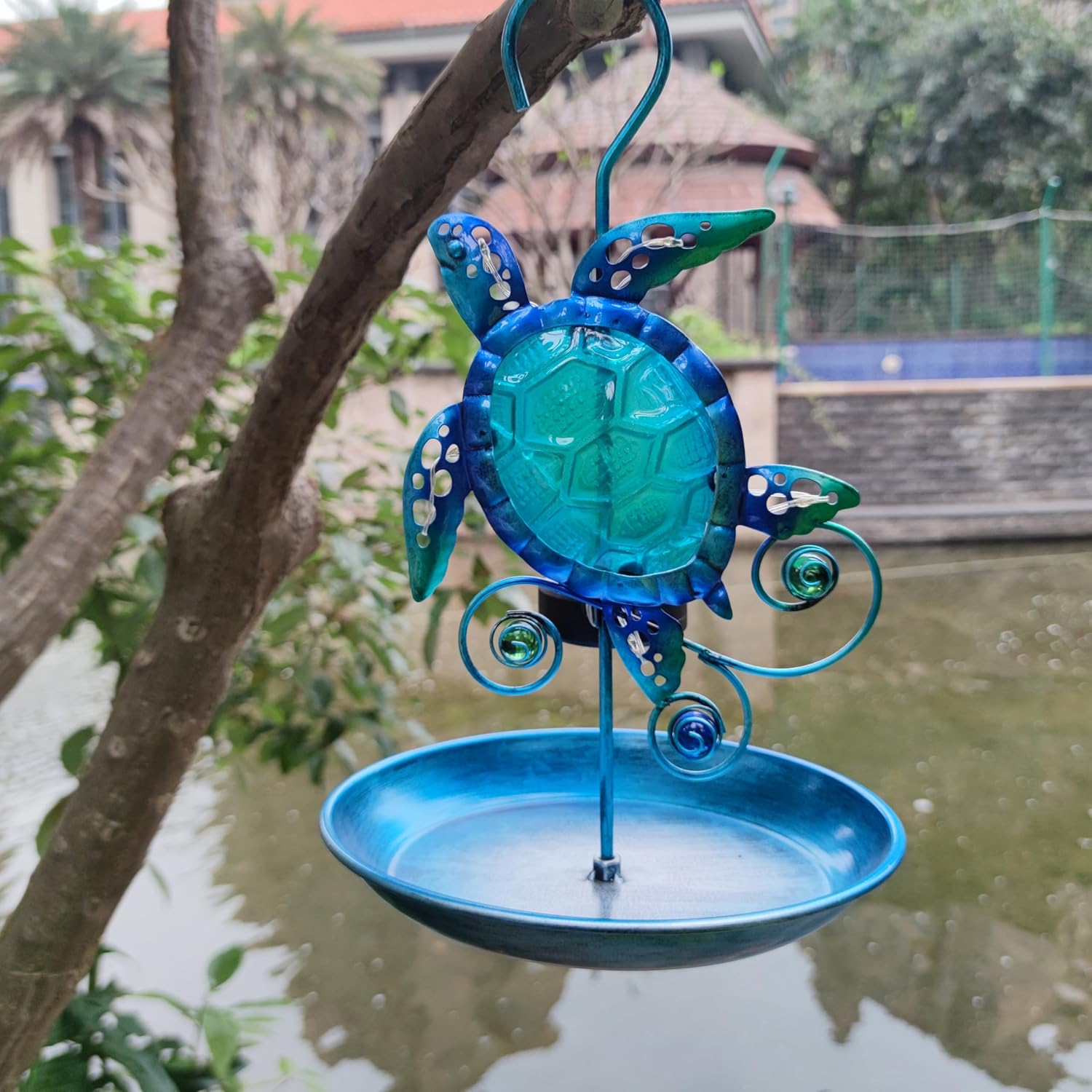 JOYBee Sea Turtle Solar Wild Bird Feeder for Outdoors Hanging, Metal & Glass Ocean Theme Outdoor Cardinals Feeders, Gifts for Bird Lovers and Solar Garden Decoration