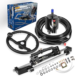 Complete 200HP Marine Hydraulic Steering Kit with Steering Wheel, Helm Pump, Hydraulic Cylinder, 26ft Nylon Hoses, Quick-Fit Fittings, Compatible with Yamaha, Honda, Mercury & More