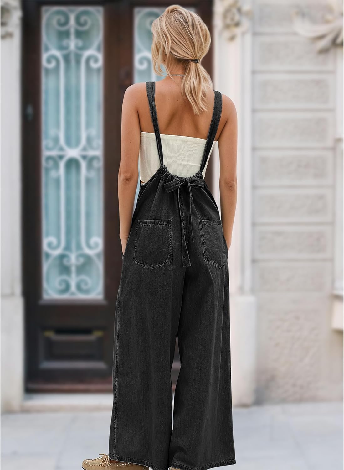 YUENIU Women's Slouchy Denim Overalls Wide Leg Jumpsuit Casual Adjustable Tie Back Backless Jean Rompers with Pockets Black L