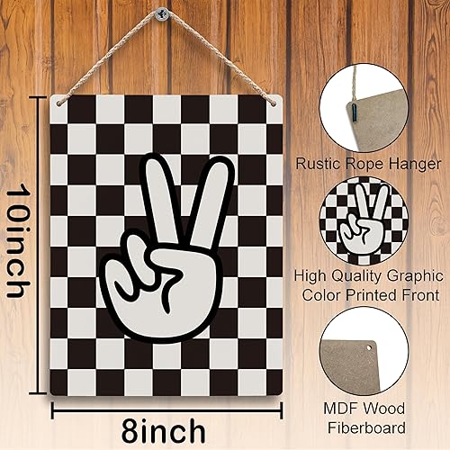 Miniatura 6 de FUGWN Letrero de madera para colgar en blanco y negro a cuadros de 8 x 10 pulgadas, decoración de tablero de ajedrez negro para el hogar, habitación