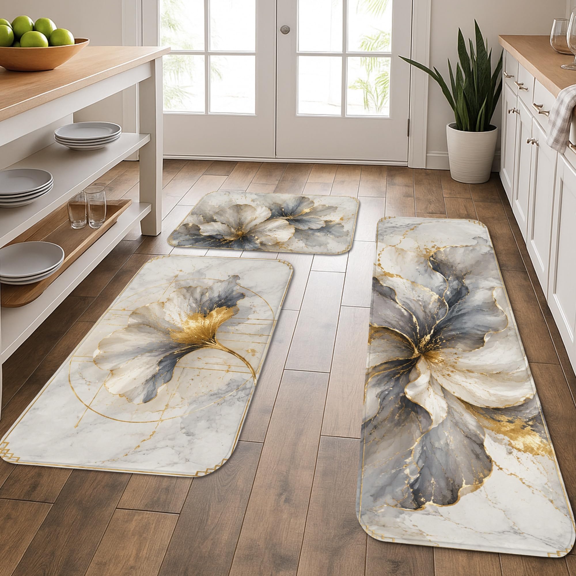 Tapis de cuisine pour le sol lot de 3 lavables confortables gris pour salle de bain