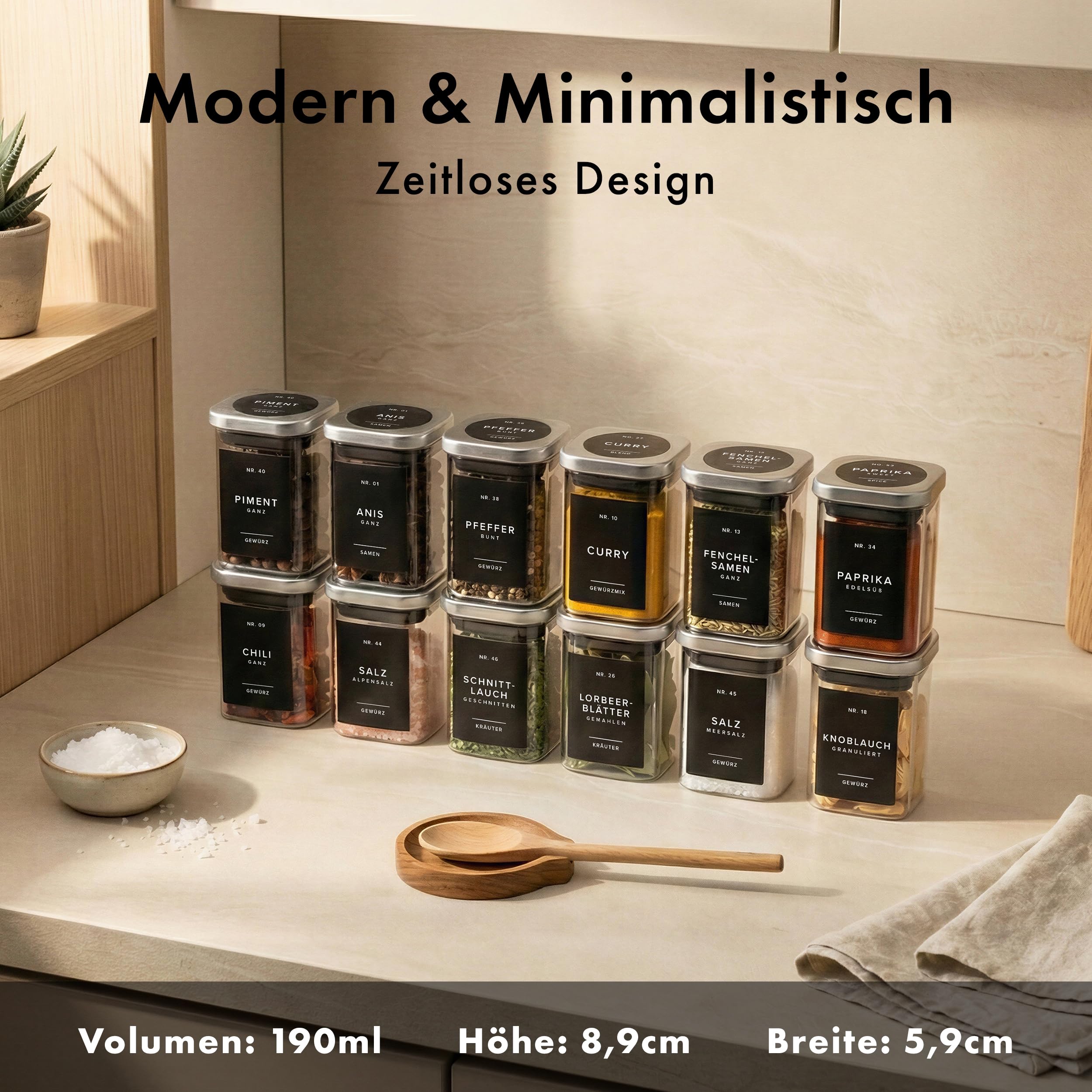 EDELHAUS Gewürzgläser Eckig mit Edelstahl Deckel 190ml (12 Stück) - Gewürzdosen Set mit 160 Gewürzetiketten/Luftdichte Vorratsdosen, Stapelbare Gewürz Organizer, Glasbehälter