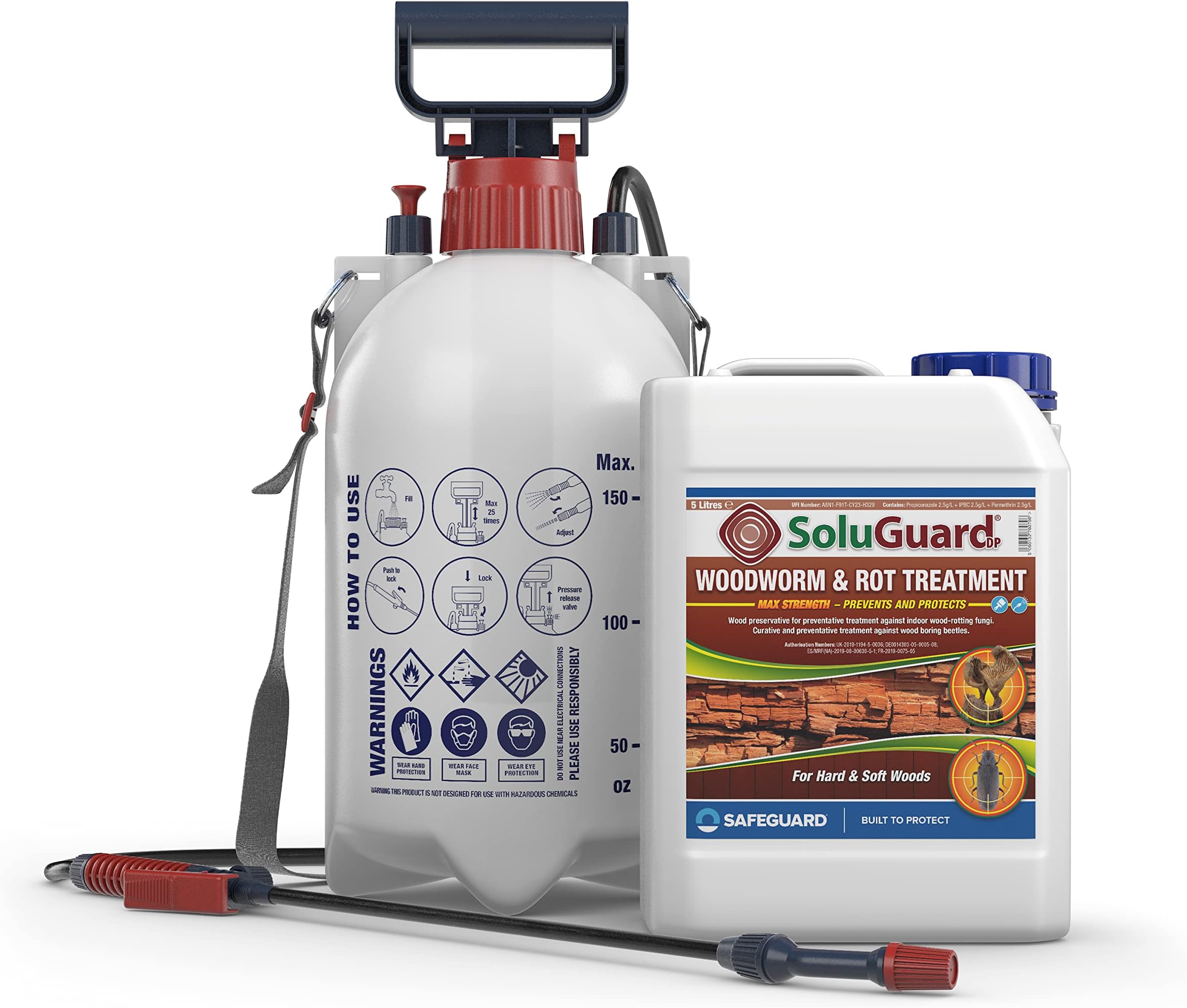 Soluguard Woodworm and Rot Treatment (1x5L Clear & Sprayer) Ready for Use & Pump Action Pressure Sprayer. Solvent-free Preservative Woodworm Killer. HSE approved