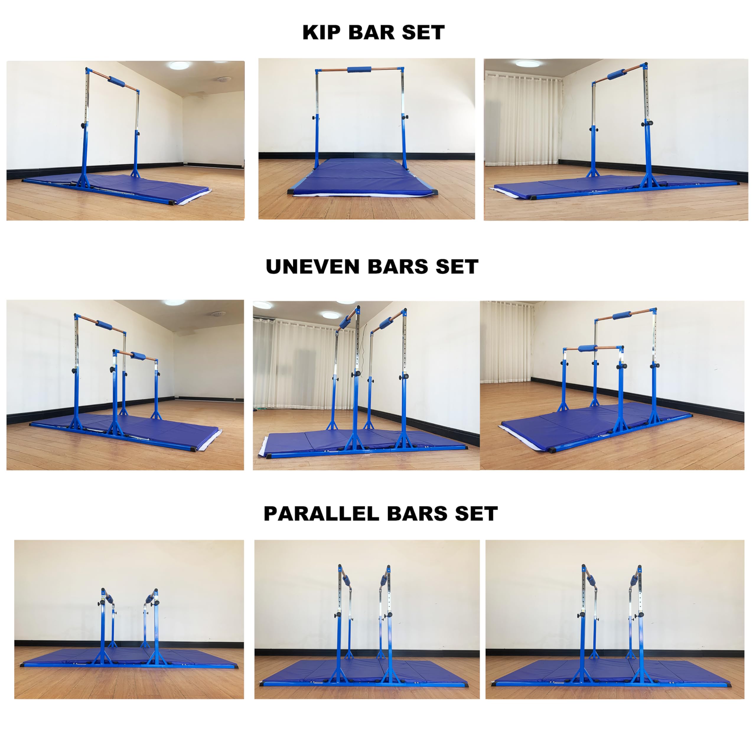 Gymnastics Double Horizontal Bars 3Play Parallel Bars Uneven Bars Gymnastics Training Kip Bar with 304 Stainless Steel Regulating Arms & Fiberglass Rail for Indoor Outdoor Home Club Use
