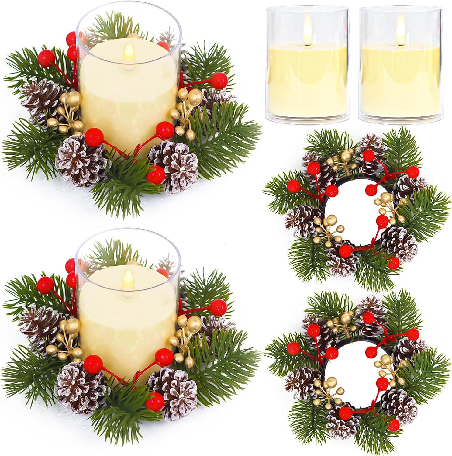 8 Sets Christmas Candle Rings with Flameless Candles - 16PCS Artificial Red Gold Berries Pinecones Small Wreaths LED Candles Set for Christmas Table Centerpieces Festival Winter Home Wedding