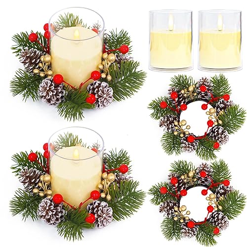 2 Sets Christmas Candle Rings with Flameless Candles - 4PCS