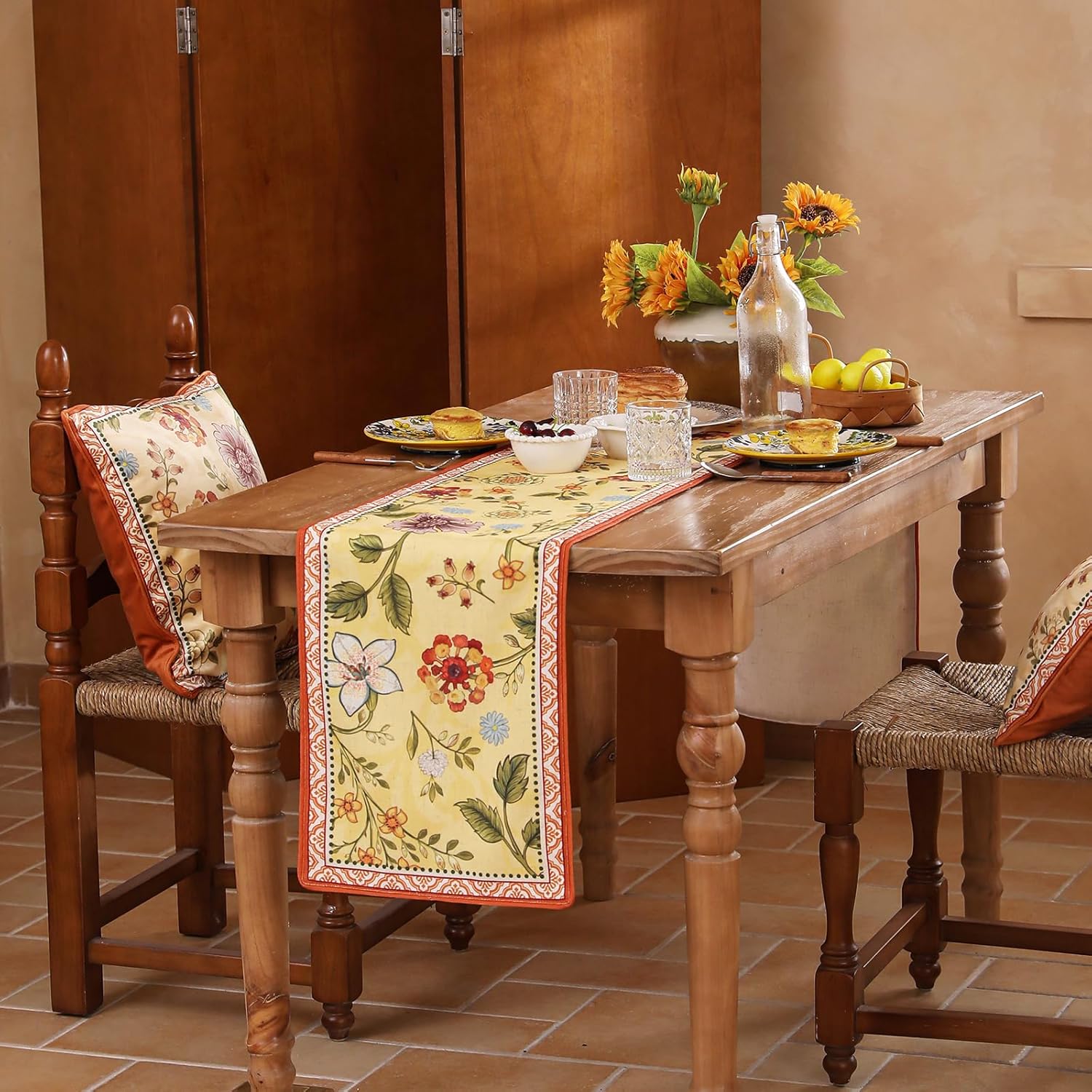 bilin gaier Linen Floral Yellow and Orange Table Runner 71 Inches Long,Wrinkle-Resistant Rustic Farmhouse Decor,Decor Luxury Vintage Runner Table Cloth for Coffee & Dining Table,12"x71"-Bellano