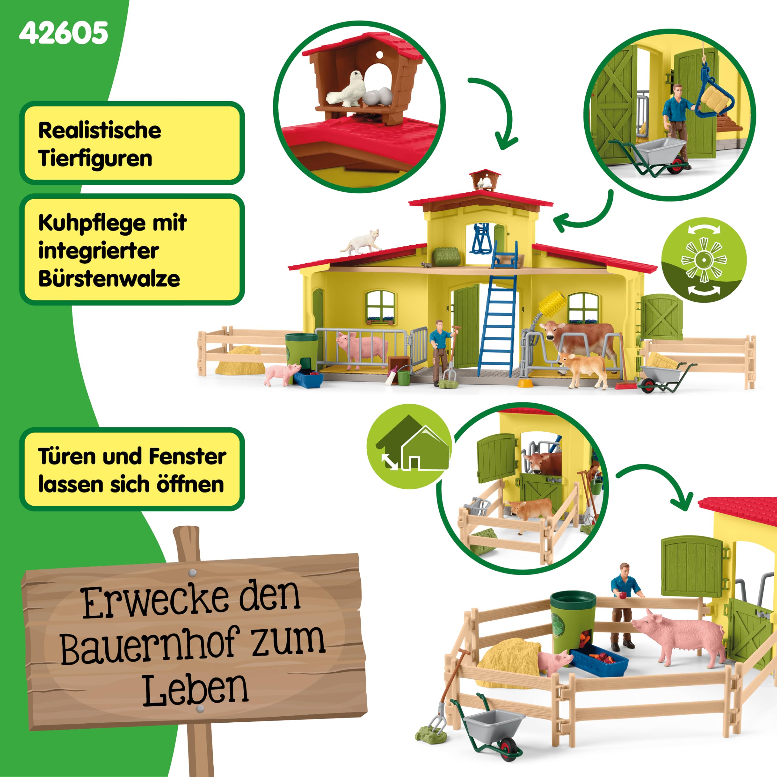 Schleich Farm World | Große Farm mit Bauernhaus 42605 | 92 Teile | Set inkl. Haus, Bauer, Kuh, Schwein, Katze, Maus & Zubehör | detailgetreues Bauernhof Spielzeug für Mädchen & Jungen ab 3 Jah