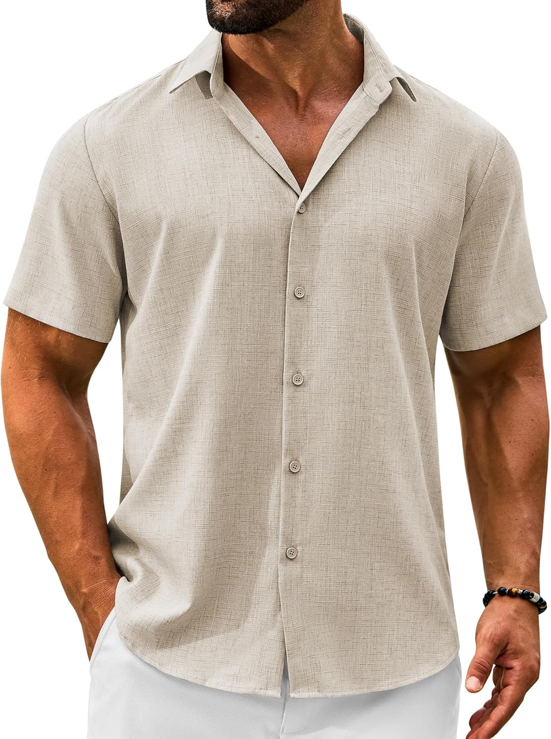 VOZZBY Men's Linen Shirts Short Sleeve Casual Button Down Shirts Summer Beach Wedding Vacation Cotton Tops