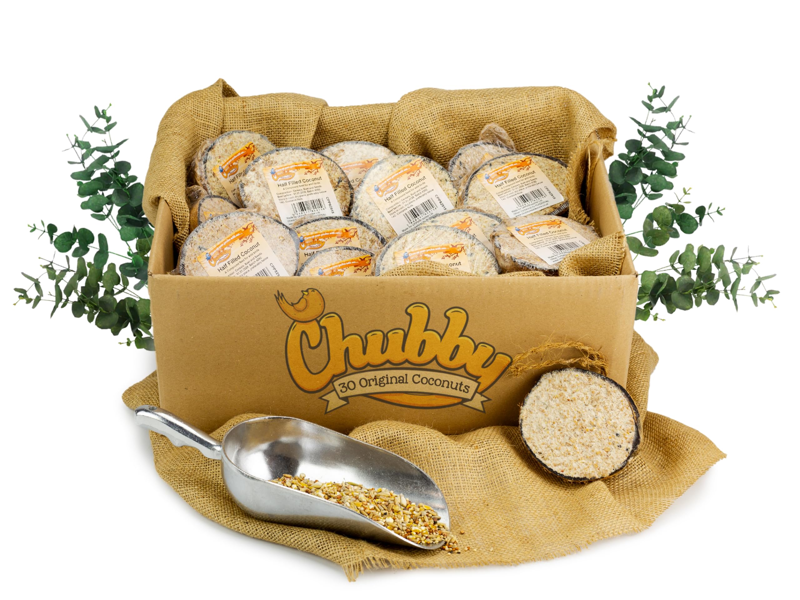 Chubby Mealworms Coconut Halves Bird Feeder, Protein Rich Suet for Blackbirds, Woodpeckers, Starlings & Sparrows - Box of 30