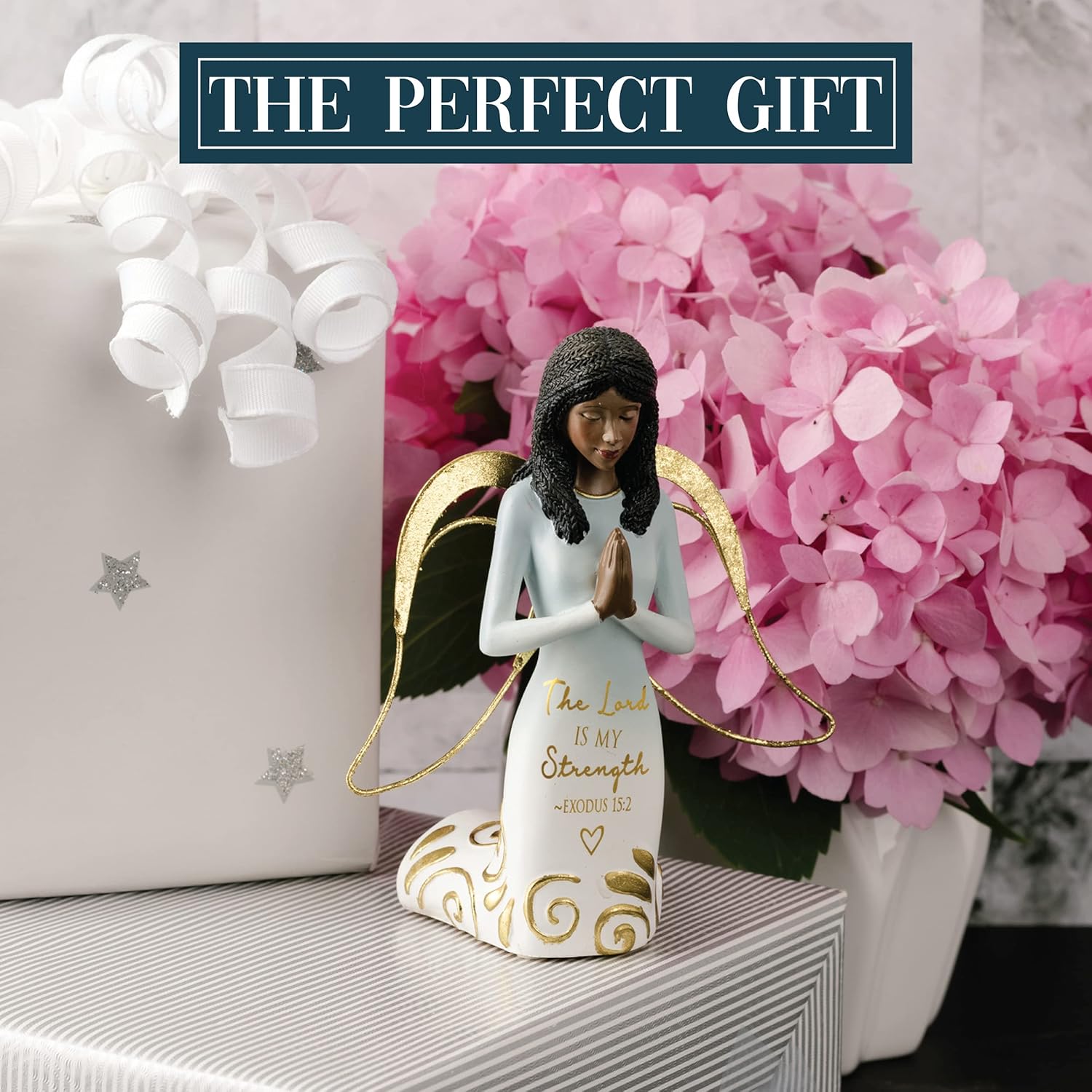 Pavilion Gift Company Lord is My Strength Exodus 15:2-5.25 Inch African American Kneeling Praying Collectible Resin Angel Figurine, Blue : Home & Kitchen