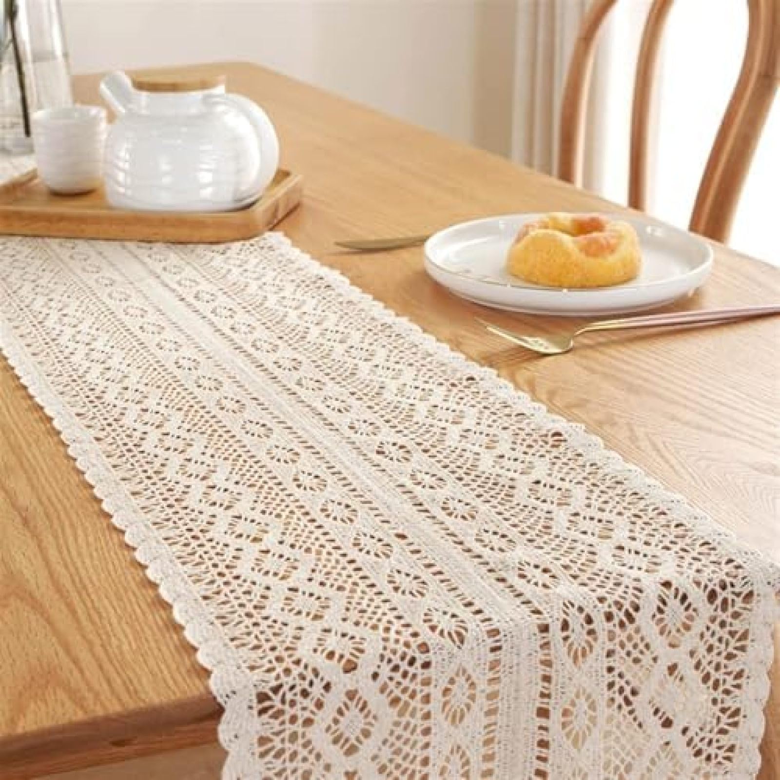 Chemin De Table Simple Fait À La Main Pastoral Crochet Tricot Creux Tissu Vintage Dentelle Gland Chemin avec Polyester Lin Coton (Vague 24x180cm) (Wit Square 24x260cm),Carré Beige,24x350cm