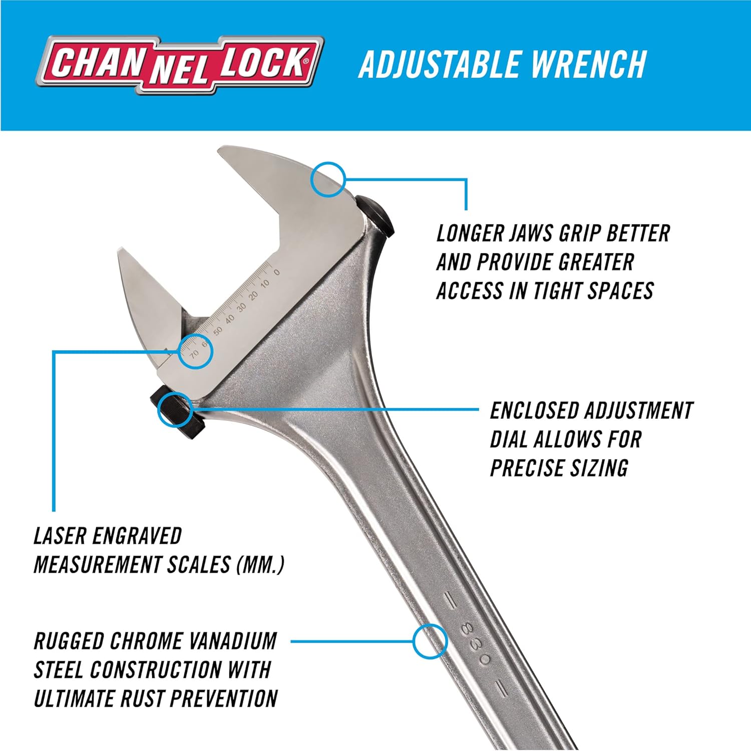 Adjustable Wrench, 3 in. Jaw, 30 in. L