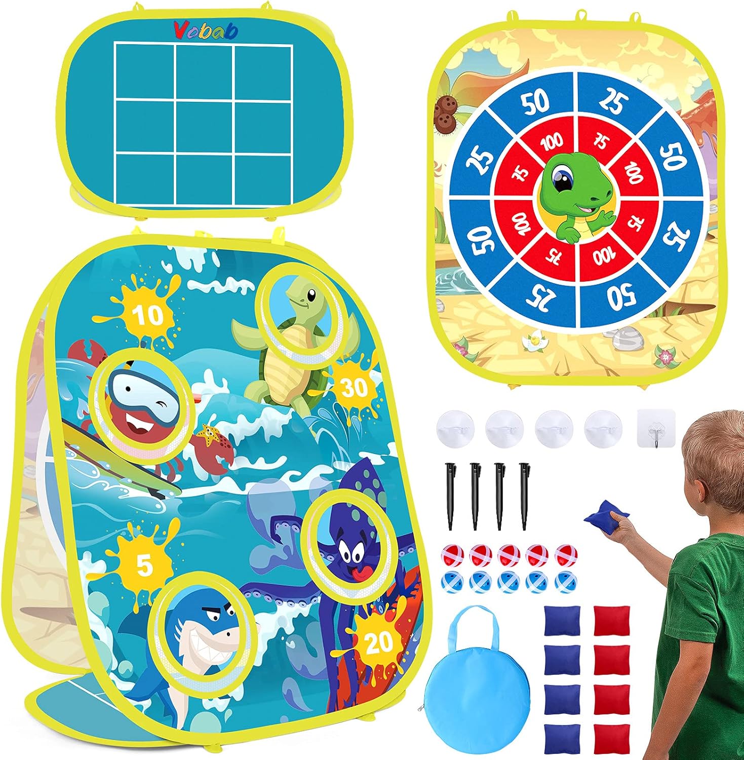 Vobab Bean Bag Toss Game for Kids, 3 in 1 Cornhole Game Set for Toddlers, Collapsible Cornhole & Dart Board for Kids, Ocean & Turtle Themed Cornhole Outdoor Game, Great Gifts for Boys Girls : Toys & Games