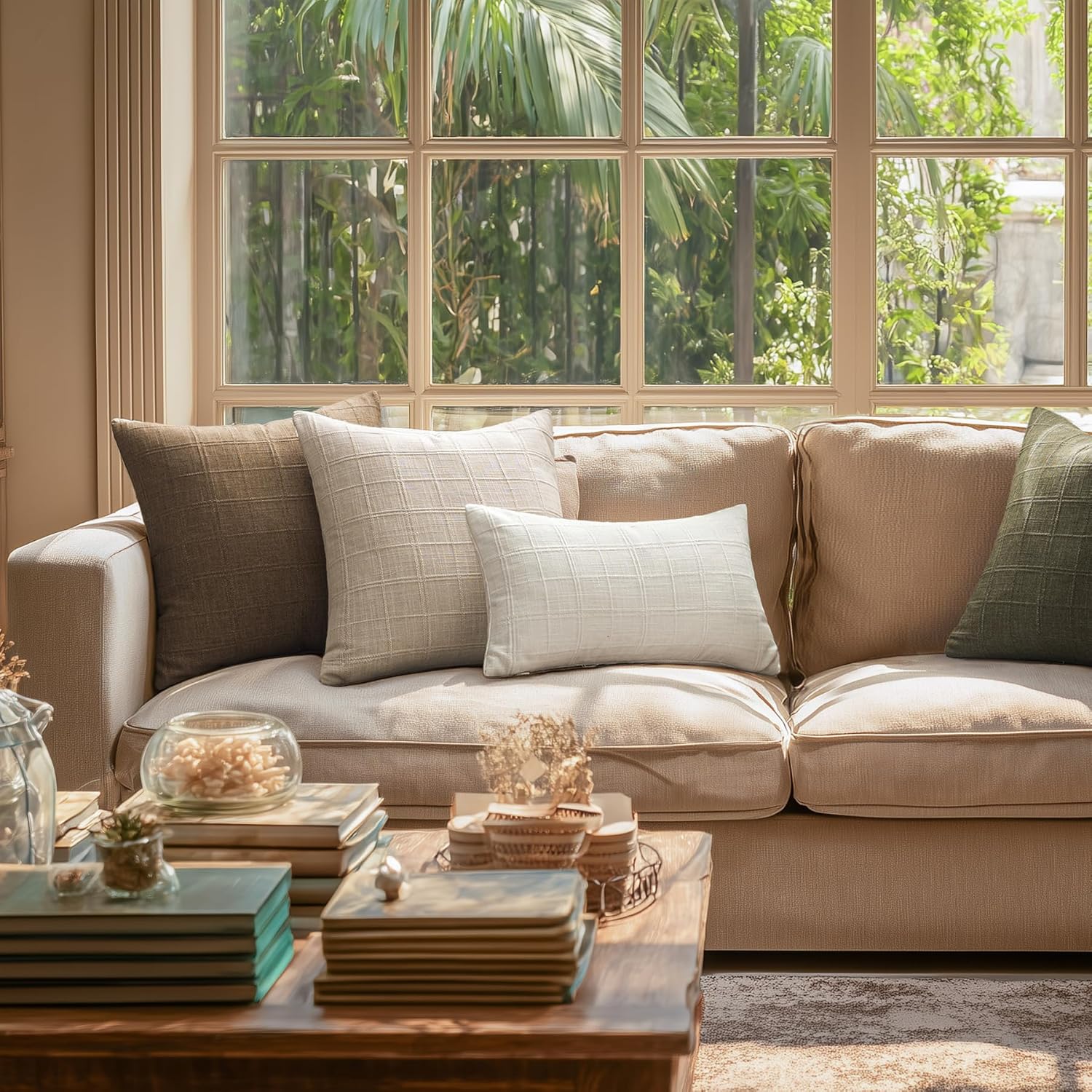 Decorative Linen Check Throw Pillow Covers Set of 2, 18"x18" White Neutral Cushion Covers, Farmhouse Vintage Modern Boho Home Decor for Sofa Chair Couch Bedroom - Image 5