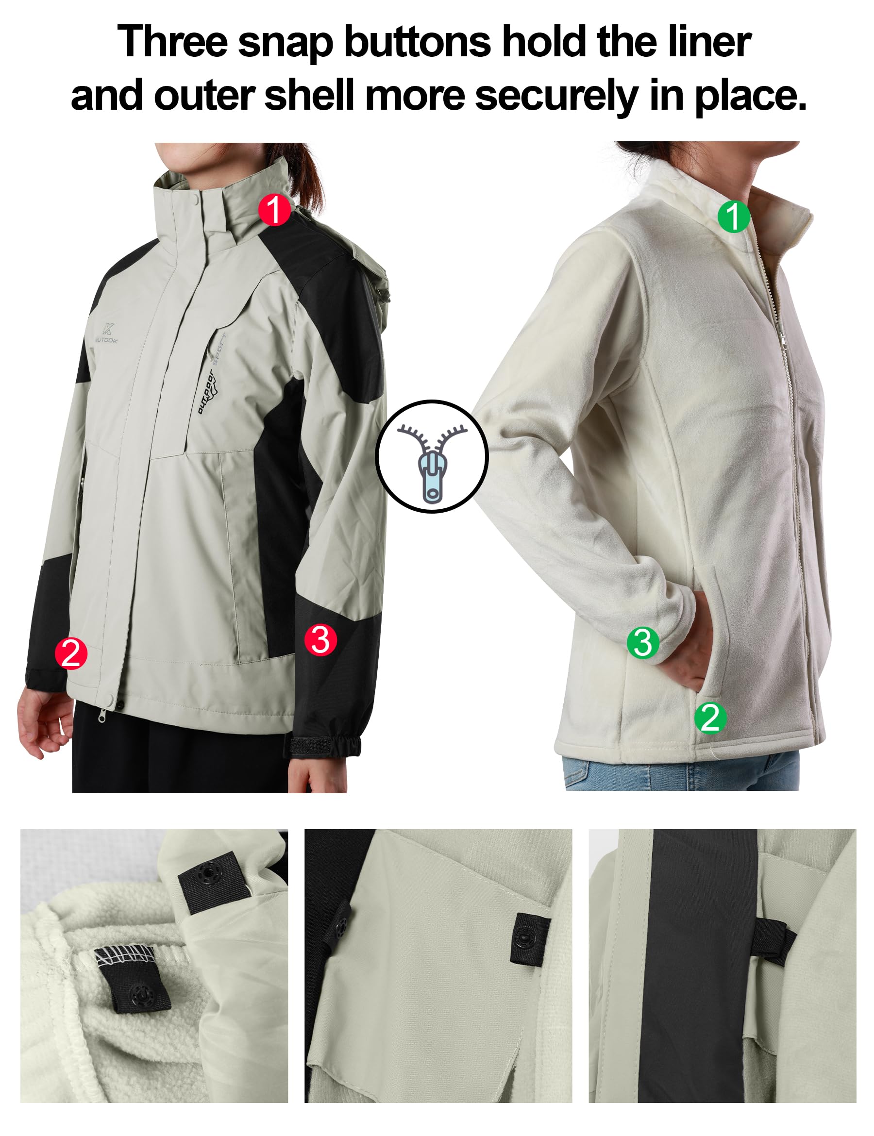 KUTOOK Chaqueta Softshell Impermeable para Mujer 3 en 1 Invierno Cortaviento con Cálido Forro Polar Senderismo Esquí Ciclismo