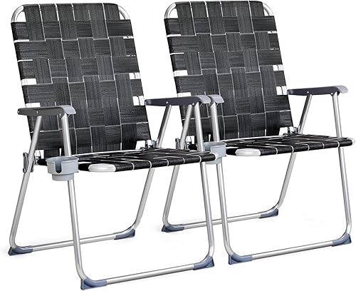 VINGLI Juego de 2 sillas plegables de aluminio de gran tamaño para patio con portavasos desmontable, silla de playa con tejido de red, silla Negro