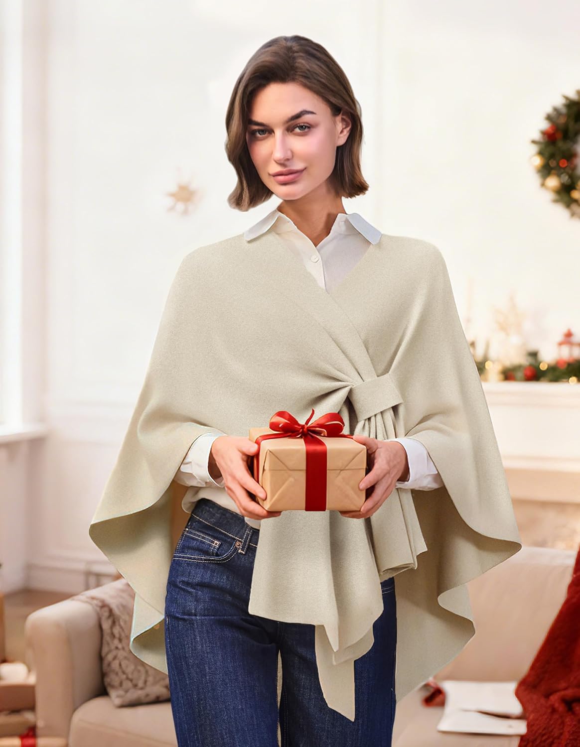 PULI Women's Elegant Shawl Wraps Soft Open Front Poncho Sweater for Spring Fall Winter - Image 2