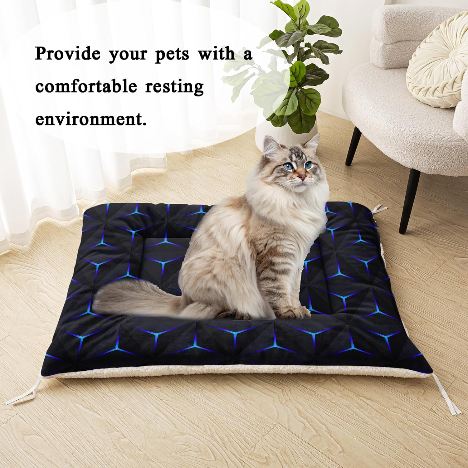HOSIMA Geometry Print Pet Bed Mat,Fuzzy Crate Pads for Dog Cages,Washable Soft Cozy Sleeping Mat,Plush Black Pad Suitable for Large Dog Bed,42L*32W Inch.
