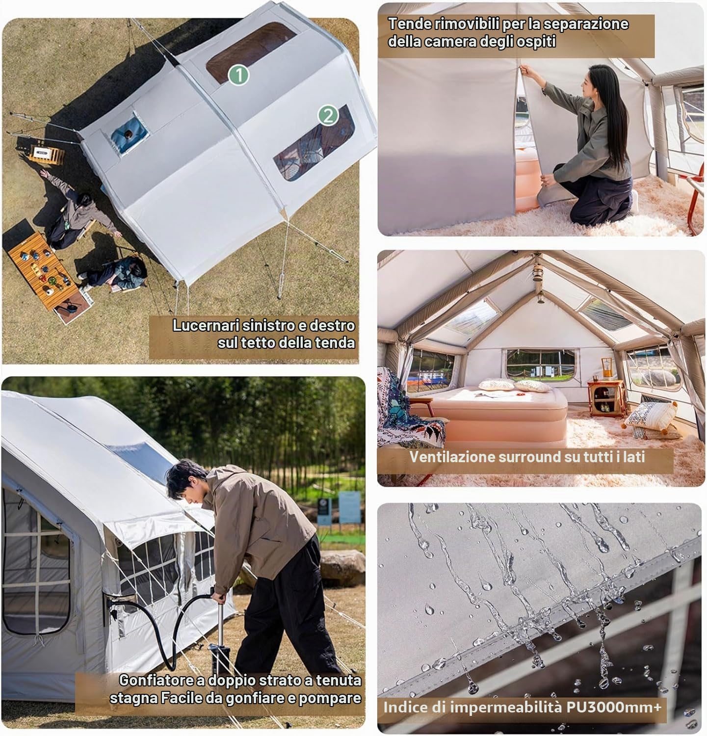Tenda da Campeggio Gonfiabile Grande 6-8 Posti con 2 Stanze Separate E Porte con Cerniera, Tenda Gonfiabile da Campeggio a Tunnel con Pompa Ad Aria, 385X260X200cm