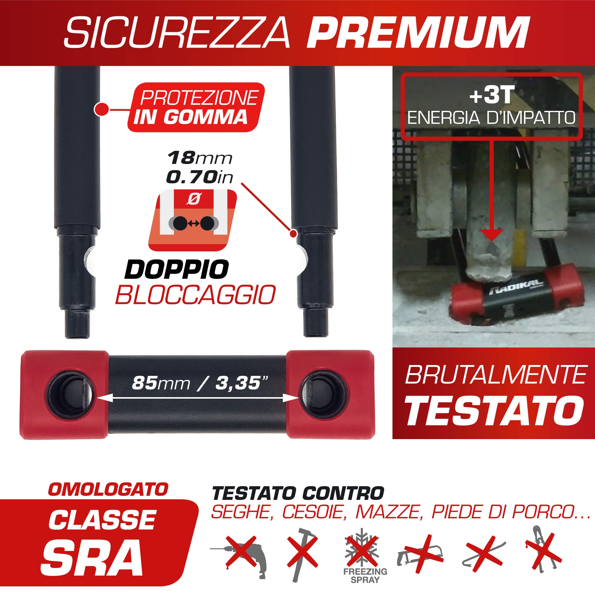 RADIKAL RK120R Lucchetto a U Premium Omologato SRA, 85x125mm, Blocco Ceppo Ruota, Arco ø18mm Acciaio Cementato Rivestito a Doppio Chiusura, Serratura Antifurto U Lock Moto Scooter