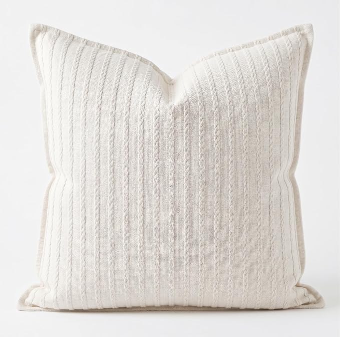 SanVia Cotton Throw Pillow Covers 20x20 – Handwoven Jacquard Texture, Fade-Resistant, No Pilling – Hidden Zipper, Decorative Cushion Cover for Sofa, Couch, Bed – Insert Not Included (Farmhouse, White)