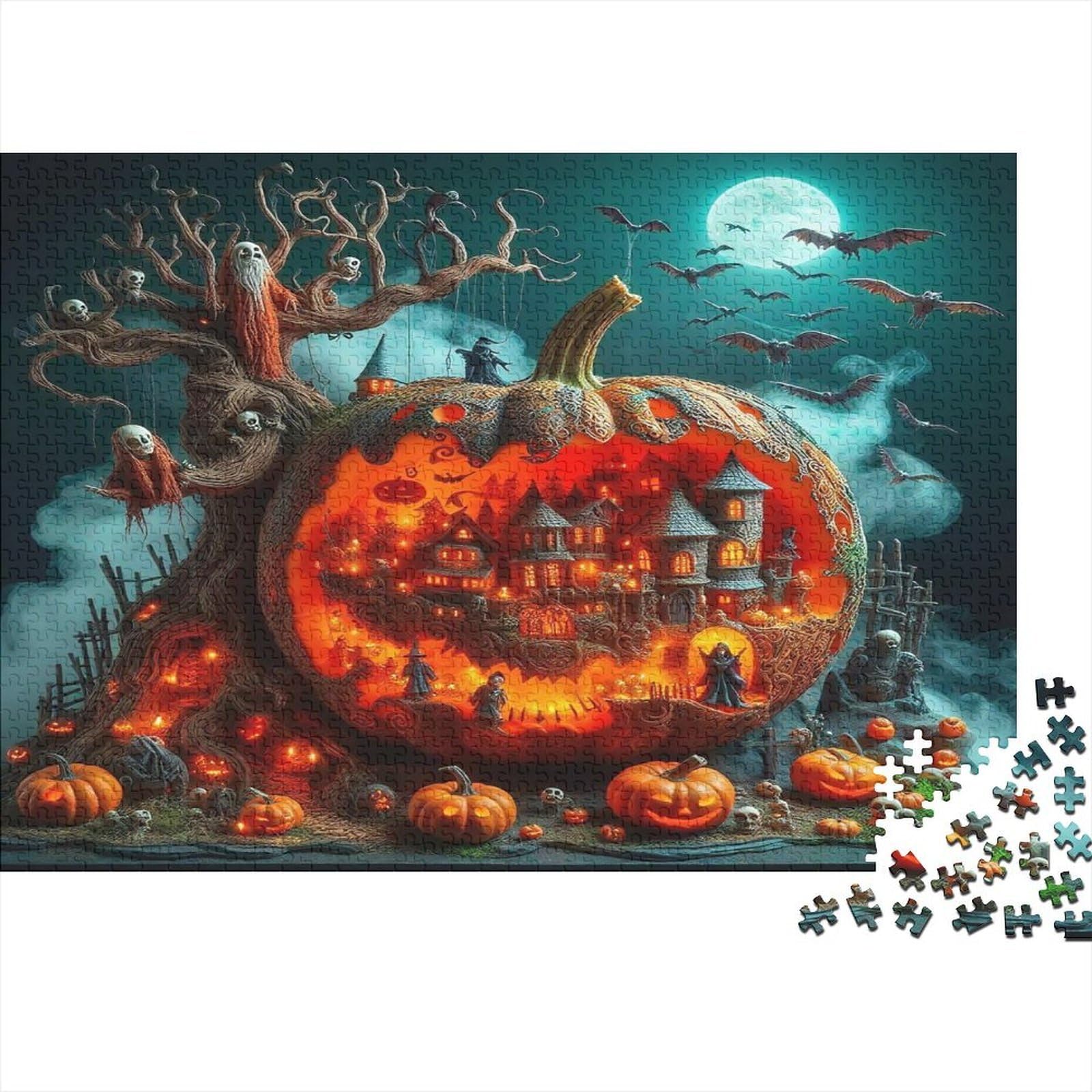 Giant Pumpkin Halloween Scene 1000 Piece Jigsaw Puzzle Paper for Adults Night Festival Decoration Family Game Focus Relax 38x26cm/1000pcs