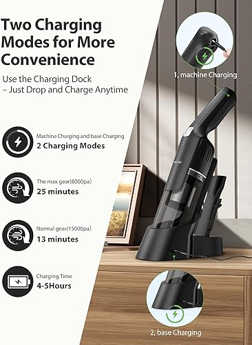 Miniatura 2 de Aspiradora de mano, inalámbrica y recargable, potente succión de 15 KPa, tiempo de funcionamiento de 30 minutos, taza de polvo de 16.9 fl oz, para