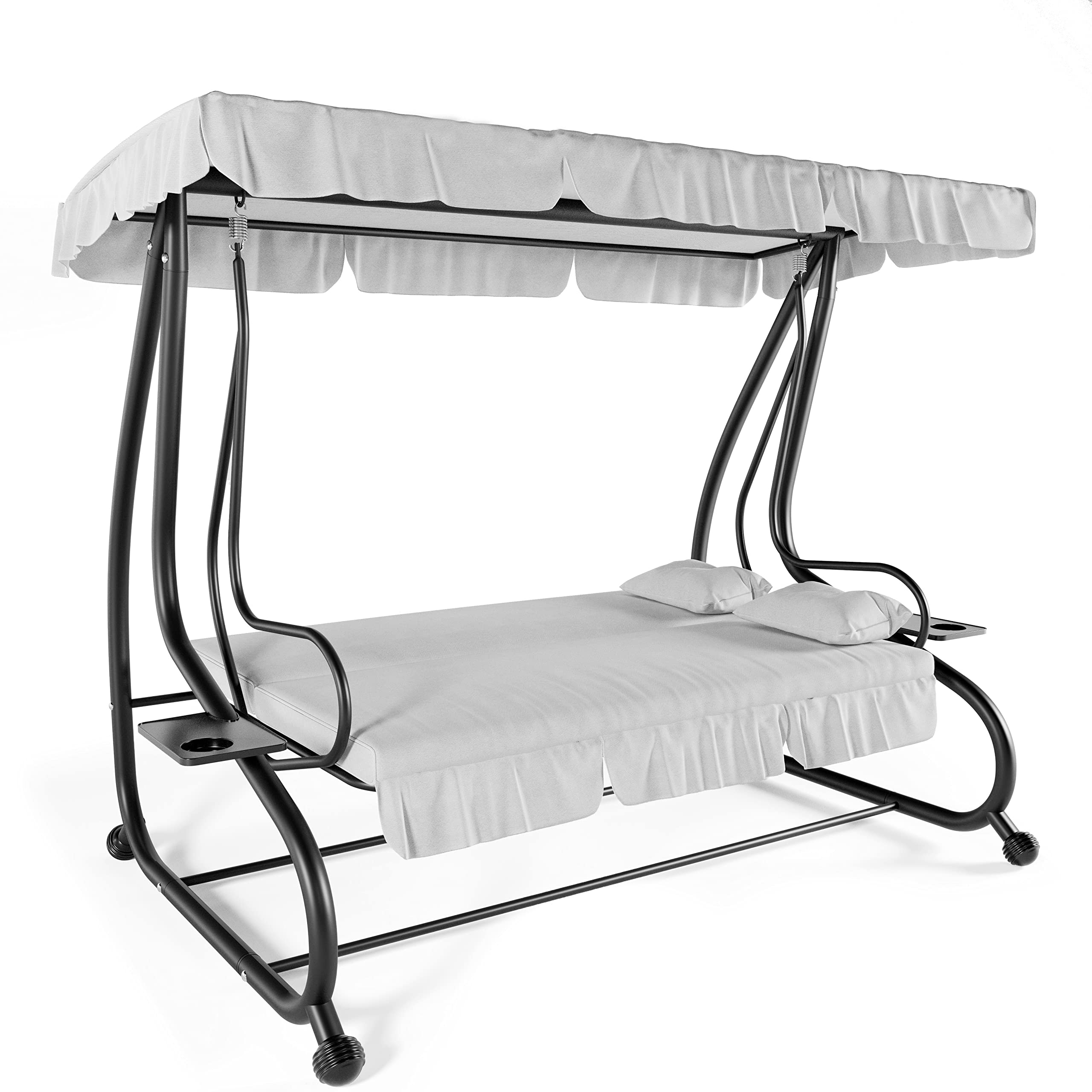 Dondolo Reclinabile 3 Posti Con Cuscini Imbottiti Parasole Tettuccio Regolabile Diventa Letto Struttura Acciaio Robusto Verniciato Giardino Esterno Balcone Terrazzo Piscina 200 x 120 x 160 cm Grigio