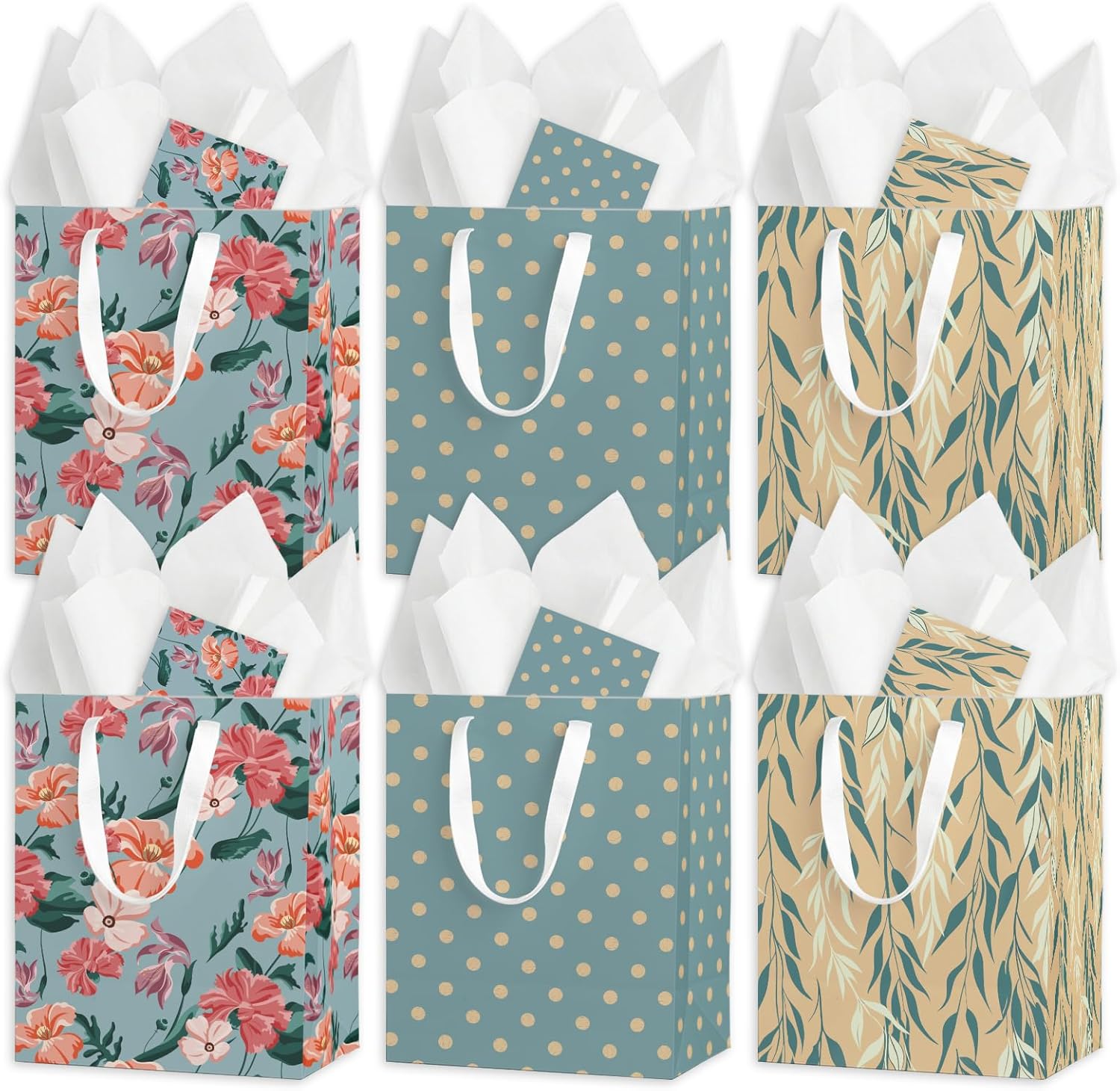 wjrsxilt Beautiful Vintage Gift Bags Set of 6 - Medium Sized 9" Bags with Handles incl. Matching Tissue Paper, Cards - Reusable & For Presents of Any Birthday, Weddings & Other Occasion
