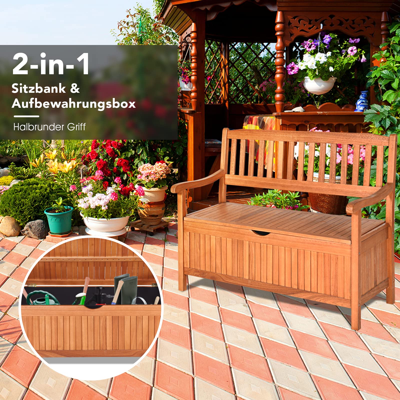 GOPLUS Gartenbank mit Stauraum, Sitzbank aus Akazienholz für 2 Personen, Truhenbank mit Rücklehne & Armlehne, Holzbank für Garten Terrasse Outdoor, mit Aufbewahrungsbox, belastbar bis 360kg