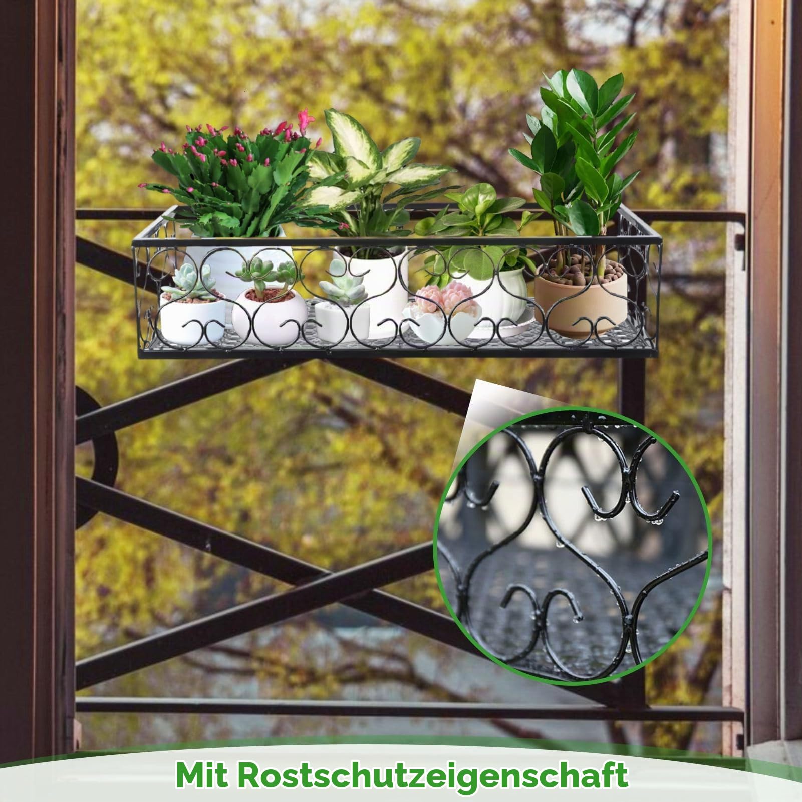 Balkon-Blumentopfständer, Schwarzes Balkon-Hängegeländer, Pflanzkorb, Blumentopfhalter, Pflanzeneisen, Zaun, Topfständer, Montiert, Rechteckige Pflanzenkörbe, Regaldekoration