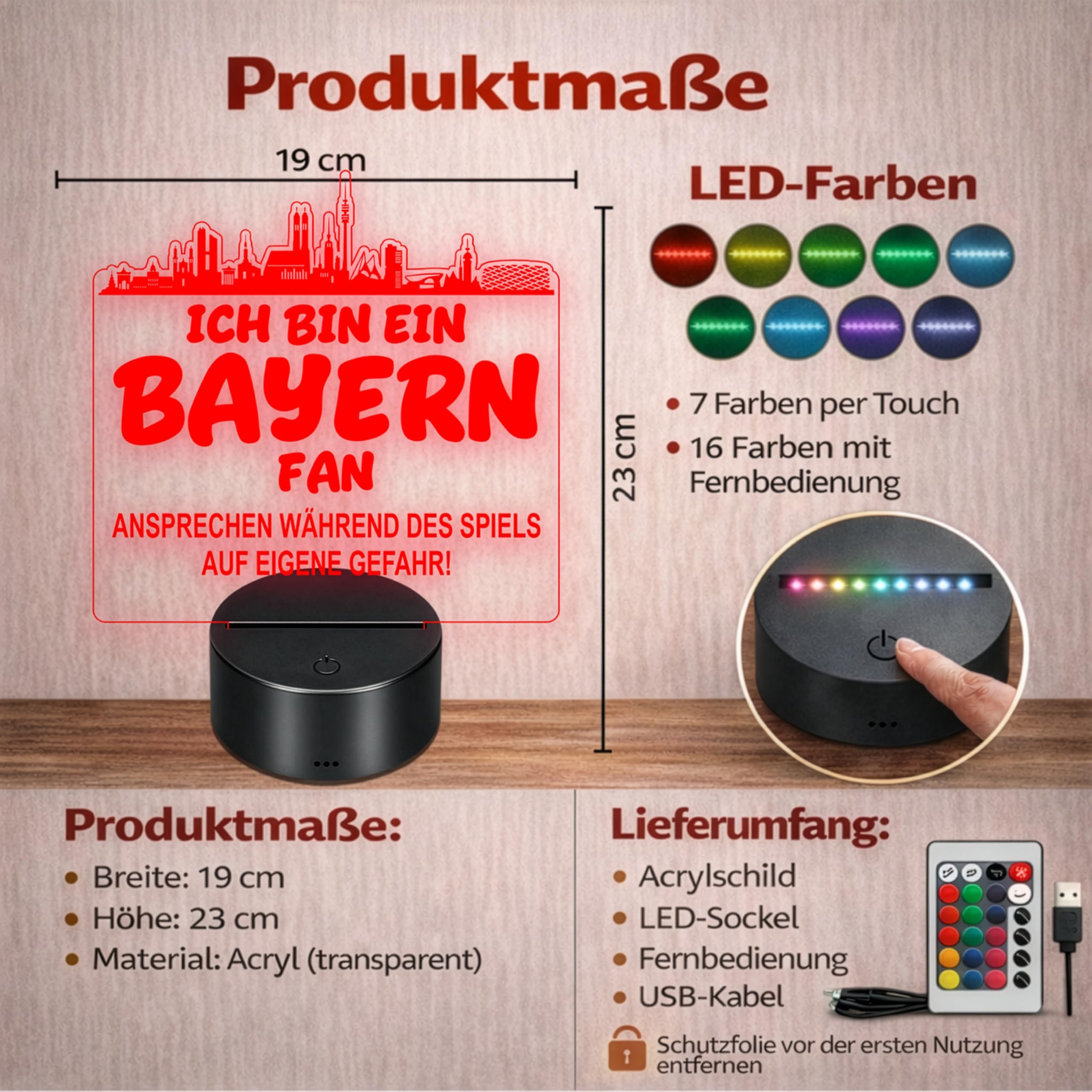 Lieblingsmensch Bayern Fan Fußball LED Nachtlicht – 3D Skyline Design „Ansprechen auf eigene Gefahr“ – RGB Farbwechsel mit Fernbedienung & Touch – Stimmungslicht für die Man Cave – 19x23cm
