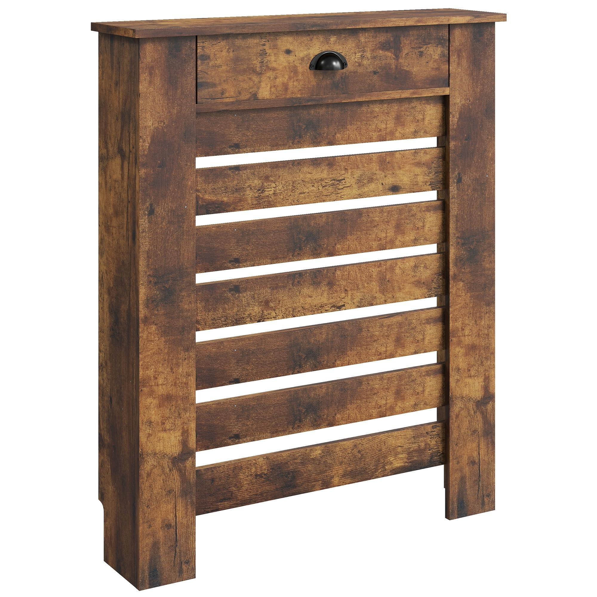 HOMCOM Radiator Cover with Drawer, Horizontal Slatted Grill, Rustic Brown Painted MDF Wood Cabinet Shelf Heating Cover for Living Room Bedroom Hallway, Small (H: 95.5 / W: 78 / D: 19 cm)