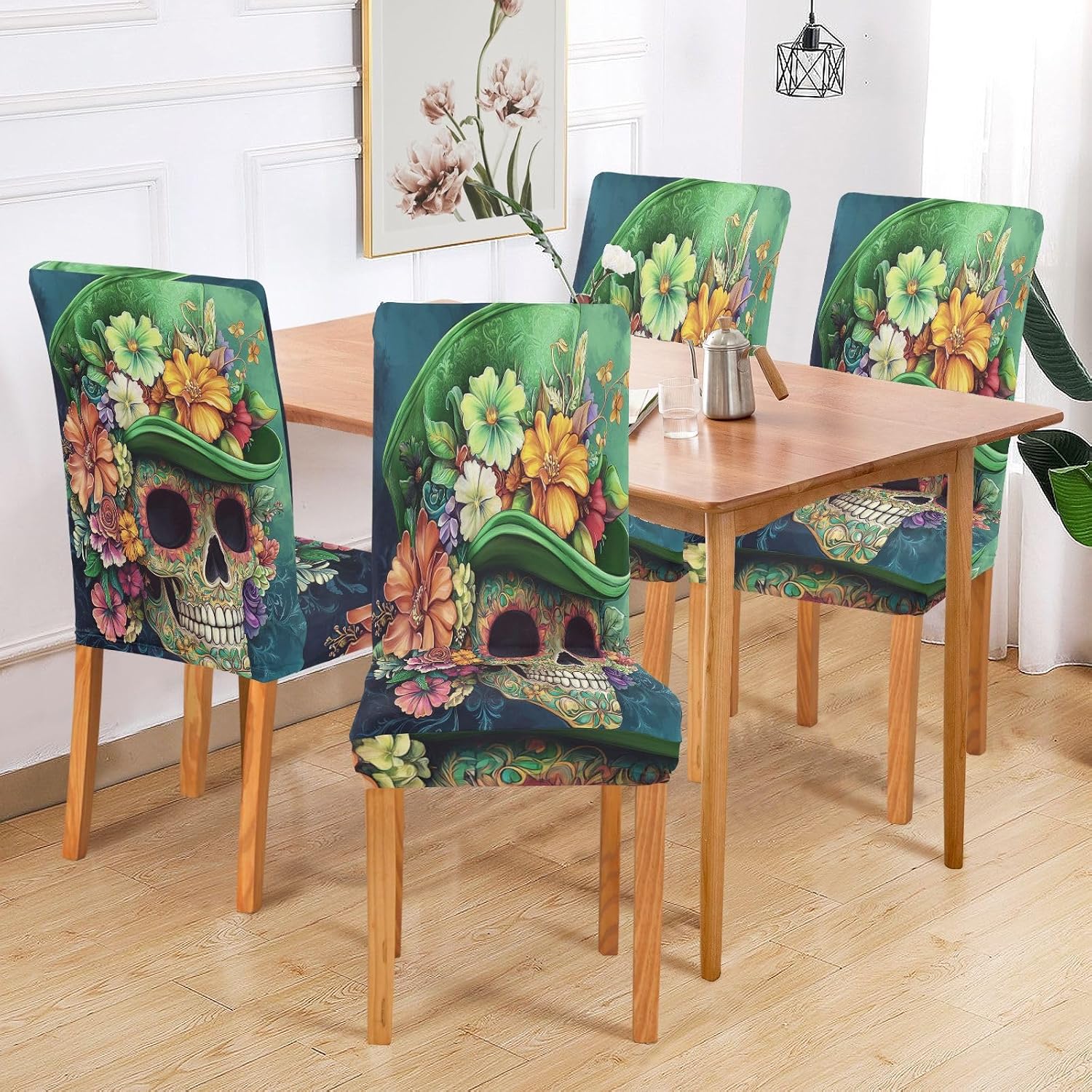 ALAZA Chair Covers for Dining Room, St Patrick's Day Green Hat Floral Skull Stretch Chair Cover Sets Chair Protector Removable Washable for Ktichen Restaurant Hotel