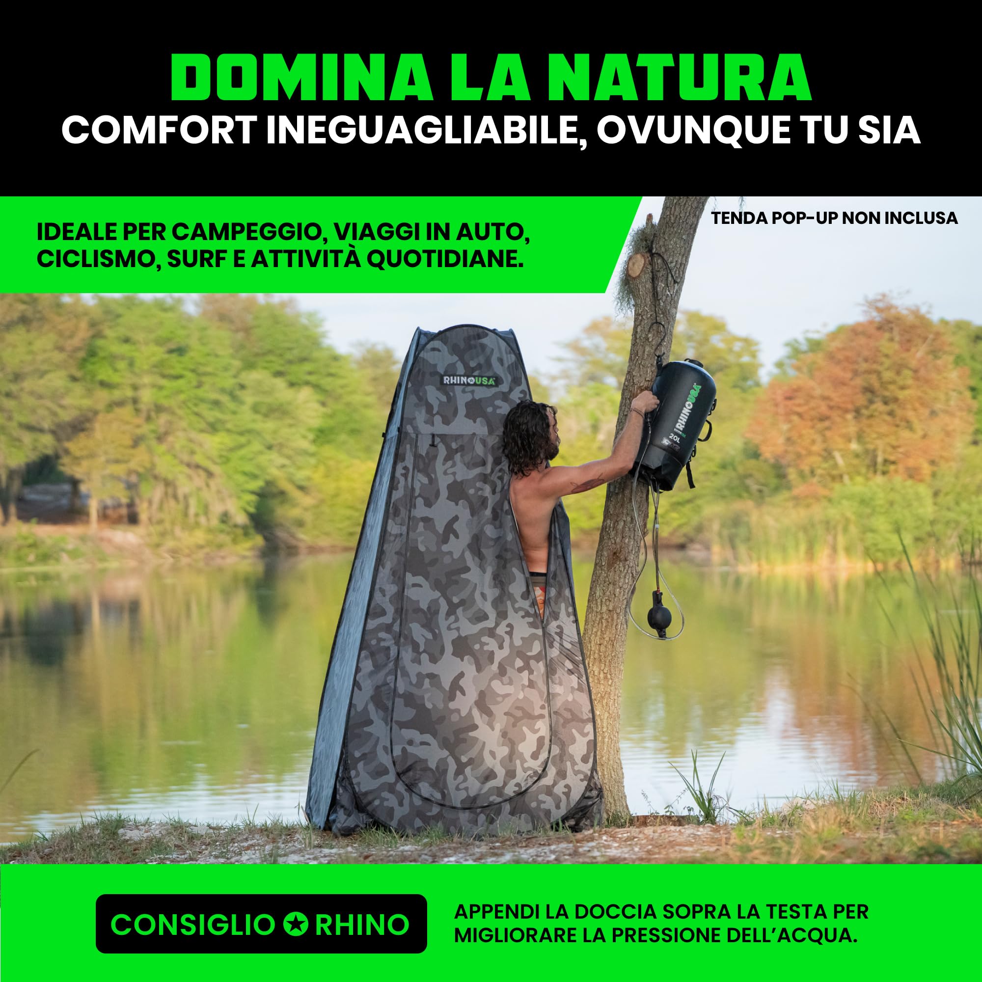 Rhino USA Doccia portatile da campeggio solare da 20 l, essenziale per campeggio, festival, overlanding, gite in spiaggia, doccia all'aperto e molto altro ancora