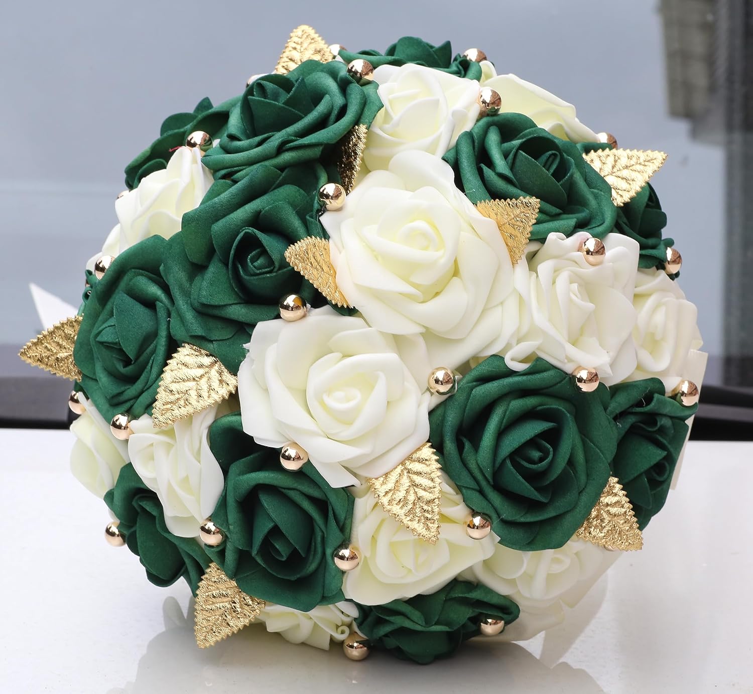 Handmade Wedding Bouquet Artificial PE Rose Bridal Bridesmaid Bouquet with Soft Ribbons Wedding Hand Holding Bouquet Artificial Fake Flowers Toss Bouquet(A-Emerald Green & Ivory, 6.7"/17cm)