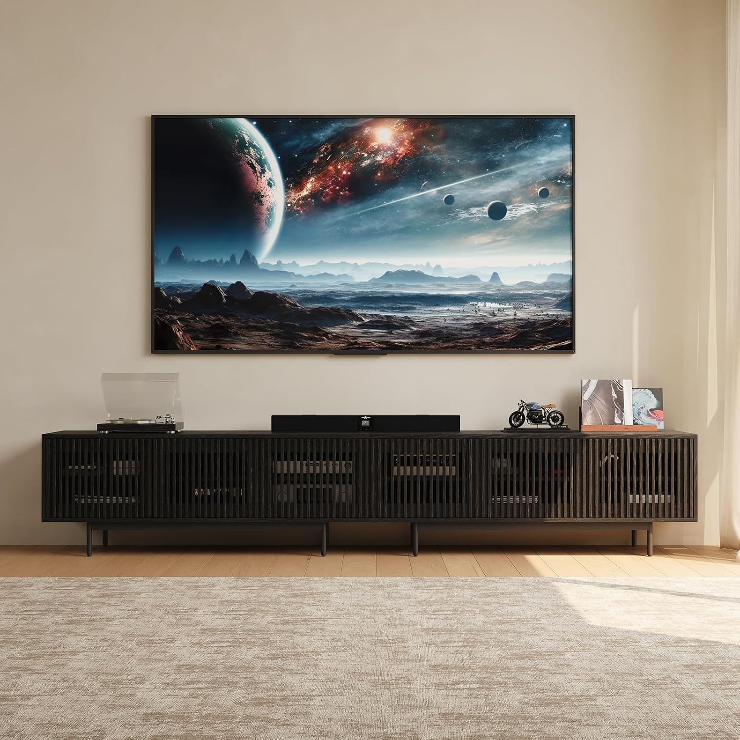 POVISON Mid-Century Modern TV Stand with Slatted Doors, Fully Assembled 118.11" Wood Media Console, TV Console with Tall-cast Metal Legs, Entertainment Center with Storage for Living Room